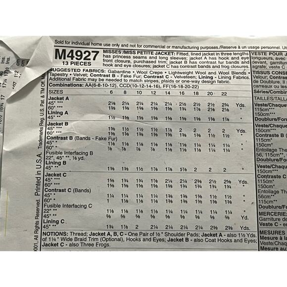 McCalls 4927 pattern jacket size 6 8 10 12 - Picture 4 of 7